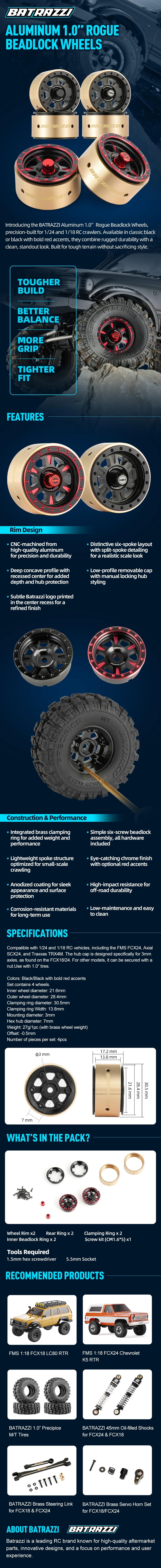 BATRAZZI 1.0” Beadlock Type Rogue Wheel Set, Black (2pcs)