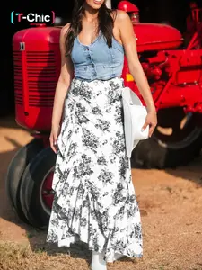 Summer Women's Western Style Aesthetic Colorblock Bohemian Floral Print High Waist Ruffle Side Slit Long Dress, Casual Fashion, Boho Styles, Womenswear