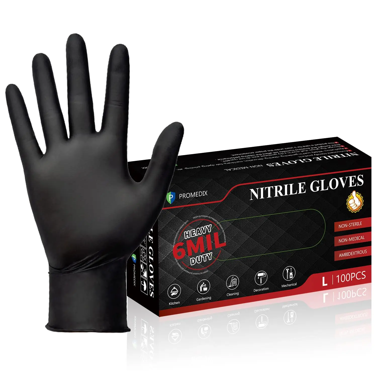 100Pcs PROMEDIX P Heavy Duty Nitrile Gloves,6mil-100 Count,Black