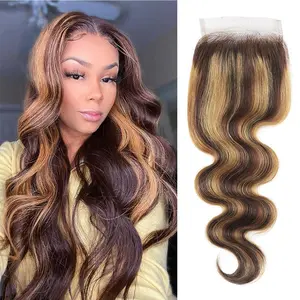 4/27 Ombre Lace Closure Only Body Wave Two Tone Brown To Honey Blonde Human Hair Highlight Lace Closure Cheap Brazilian Virgin Hair Real Remy Human Hair Pre Plucked Closure 12 Inch