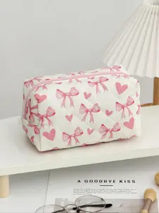 1pc Cute Bowknot Heart Pattern Makeup Bag, Large Capacity Cosmetic Storage, Zipper Organizer Pouch, Multifunctional Travel Bag for Women, Travel Cosmetic Bags