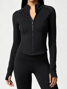 Queenie Ke BareLuxe Workout Running Jackets with Pockets for Women, Full Zip Stand Collar Polka Dot Textured Slim Fit  Athletic Cropped Gym Jacket with