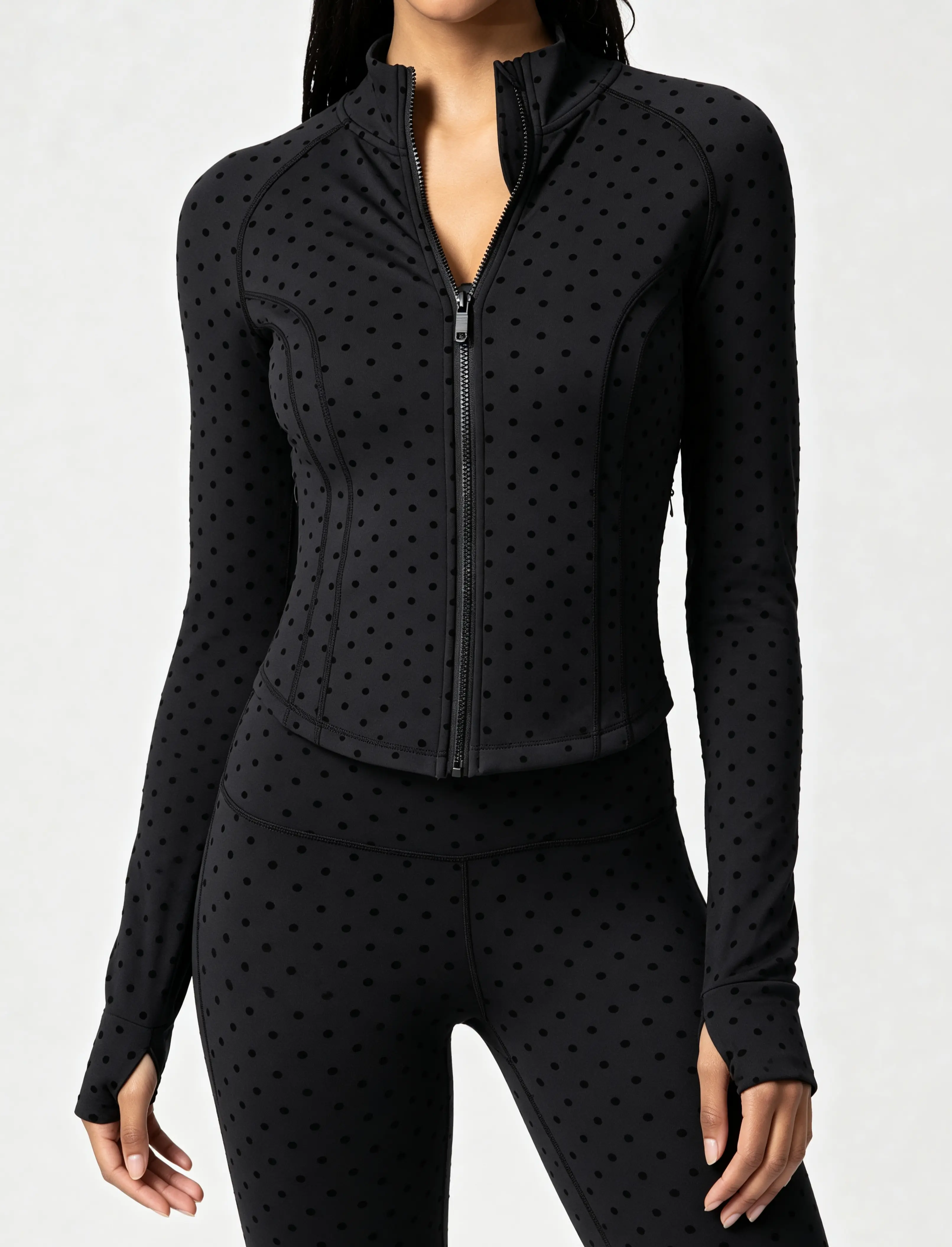 Queenie Ke BareLuxe Polka Dot Workout Jackets with Pockets for Women, Full Zip Stand Collar Polka Dot Textured Slim Fit  Athletic Cropped Gym Jackets, Running Jackets ,BBL Jackets