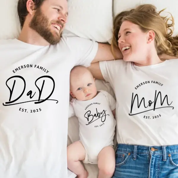 Mom Dad Baby family matching shirts, baby shower shirt tees, baby announcement family shirts, Custom Family name shirt, Family new baby teess Flash Sale T-Shirt Trio Comfortable Unisex T-shirt women s short sleeve