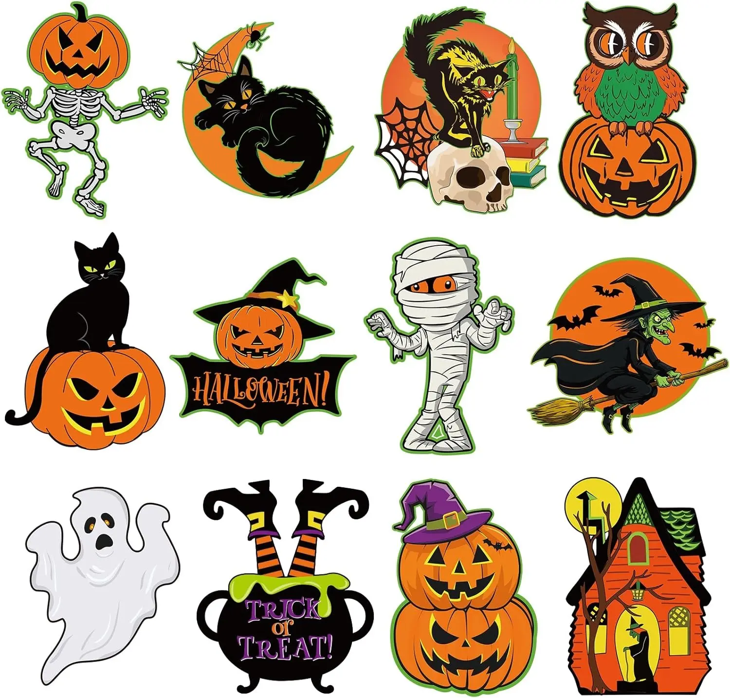 Large Vintage Halloween Cardboard Cutouts Set of 12 - Retro Spooky Ghost Wall Decor, Orange Green Black Paper Cut Outs for Indoor Outdoor Party
