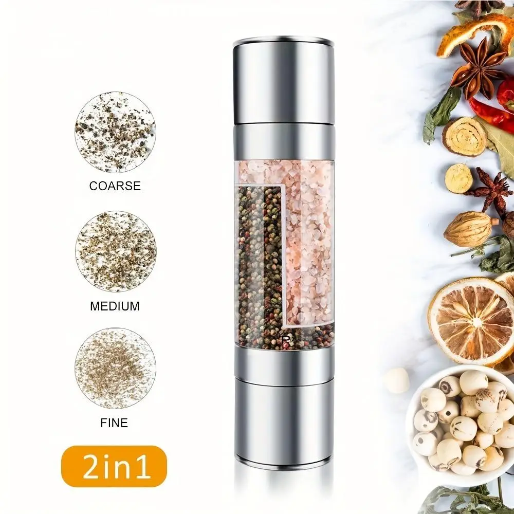 2 In 1 Double Head Pepper Grinder, 1 Count Stainless Steel Manual Salt Grinder, Kitchen Accessories, Kitchen Seasoning Utensils