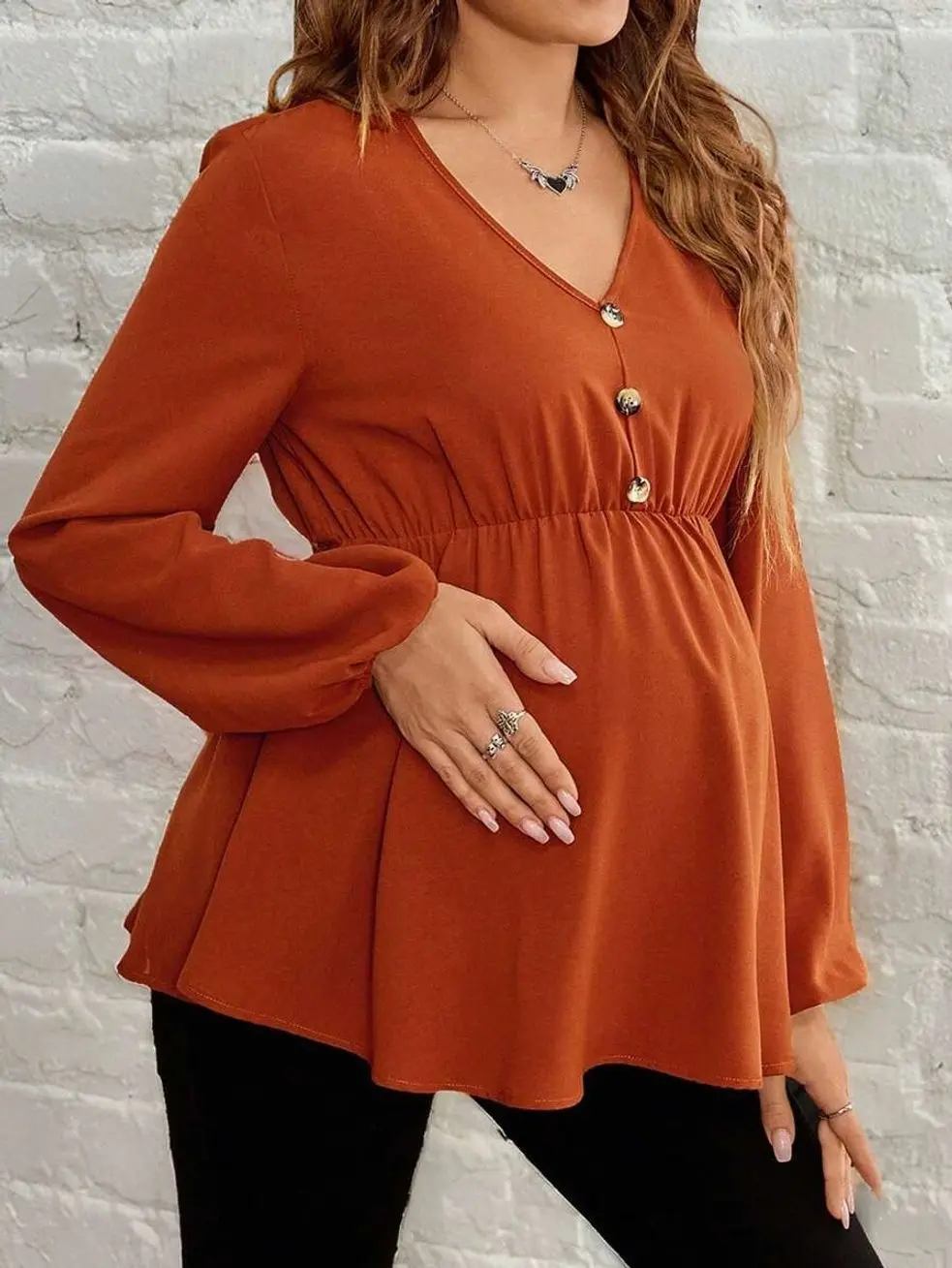 Maternity V-Neck Lantern Sleeve Shirt, Button Decor Loose Fit Casual Pregnancy Top