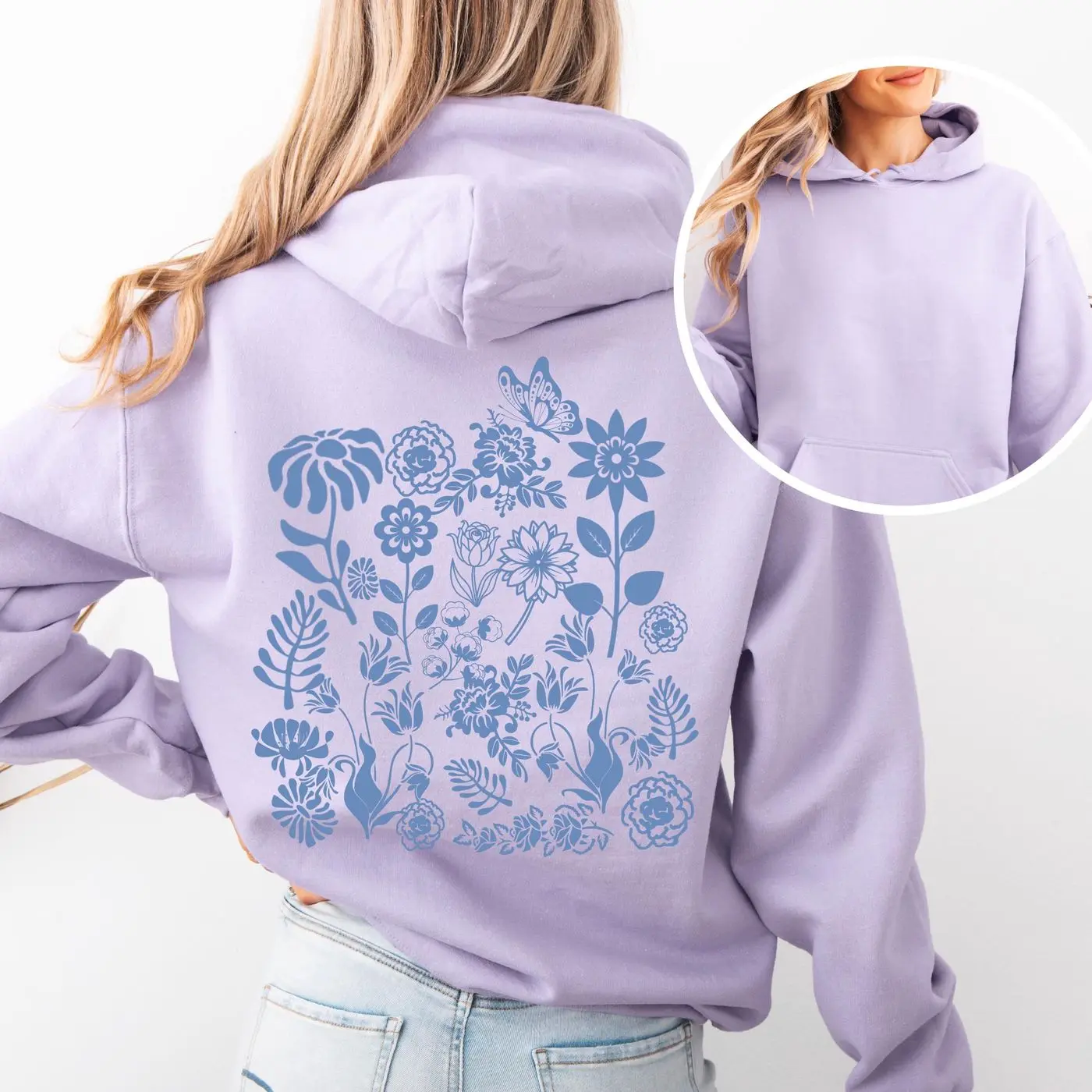 Wildflower Hoodie, Cottagecore Blue Floral Sweatshirt, Granola Girl, Nature Hoodie, Butterfly Hoodie, Retro Floral Gift For Nature Lover