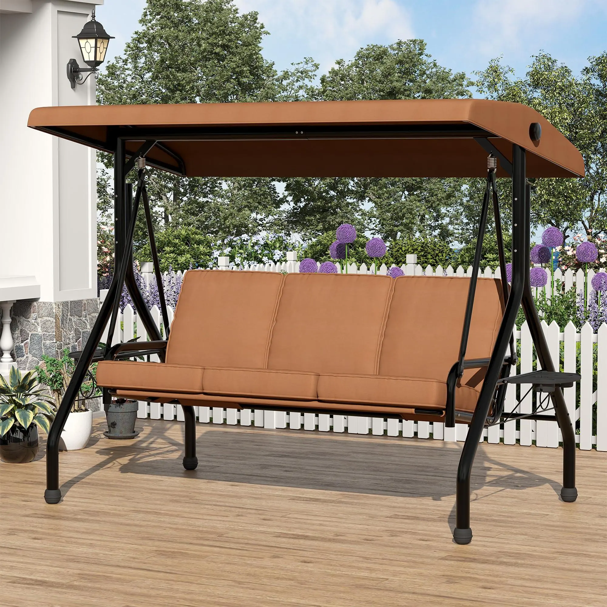 3 Seat Outdoor Patio Swings with Canopy, 2-in-1 Porch Swing with Cup Holders ＆ Thickened Removable Cushions, Outdoor Swing with Weather Resistant Steel Frame for Backyard, Porch, Garden,Brown