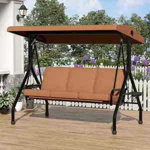 3 Seat Outdoor Patio Swings with Canopy, 2-in-1 Porch Swing with Cup Holders ＆ Thickened Removable Cushions, Outdoor Swing with Weather Resistant Steel Frame for Backyard, Porch, Garden,Brown