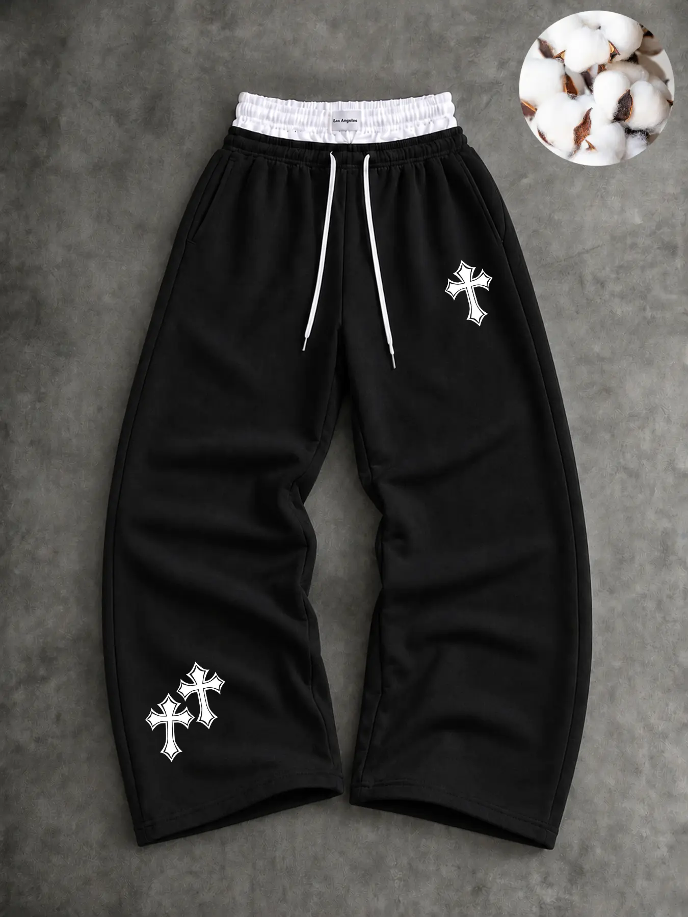 Men's Wide Leg Sweatpants, 100% Cotton Streetwear with Cross Print, Double Waistband Athleisure Bottoms for Casual Gym & Lounge, Athleisure Design, Breathable Athletic Bottoms, Baggy Sweatpants