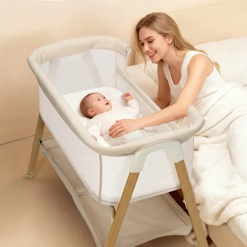 Baby Bassinet, Bedside Bassinet for Baby, Bassinet Bedside Sleeper with Mattress, Storage Basket and 4 Auto-Lock Wheels, Full-Mesh Sides, Bedside Mini Crib for Newborn (Beige)