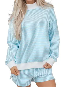 Women's Striped 2 Piece Outfit Oversized Mock Neck Sweatshirt and Shorts Set Casual Loungewear Long Sleeve Pullover Comfy Travel Tracksuit