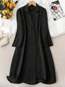 Plus Size Women's Striped Woven Long Sleeves Blazer Jacket Coat, Elegant Chic Business Casual Outerwear, Comfortable Fit, Perfect for Office Wear & Daily Use
