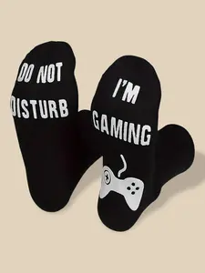 Men's 1 Pair Letter & Gamepad Print Glow in The Dark Crew Socks, Casual Comfy Breathable Anti-slip Socks for Daily Wear, Men's Socks for Spring & Fall, Socks Pairs, Breathable Fabric Socks