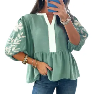 Asvivid Women's Color Block Patchwork V-Neck Embroidered Puff Sleeve Babydoll Blouse for Womenswear summervibes