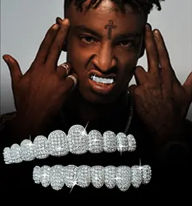 MAYLOR Unisex Hip Hop Iced Out Diamond Grillz, Cubic Zirconia Teeth Grillz Non-Custom Fit, Full Coverage Top & Bottom Teeth Caps, Rapper Style Mouth Jewelry for Party Cosplay Performance Gift