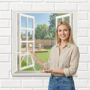 Adjustable White Window Netting, Removable Insect Screen Mesh for Windows, Reusable Washable Anti-Bug Net with Hook and Loop Tape, Easy Install