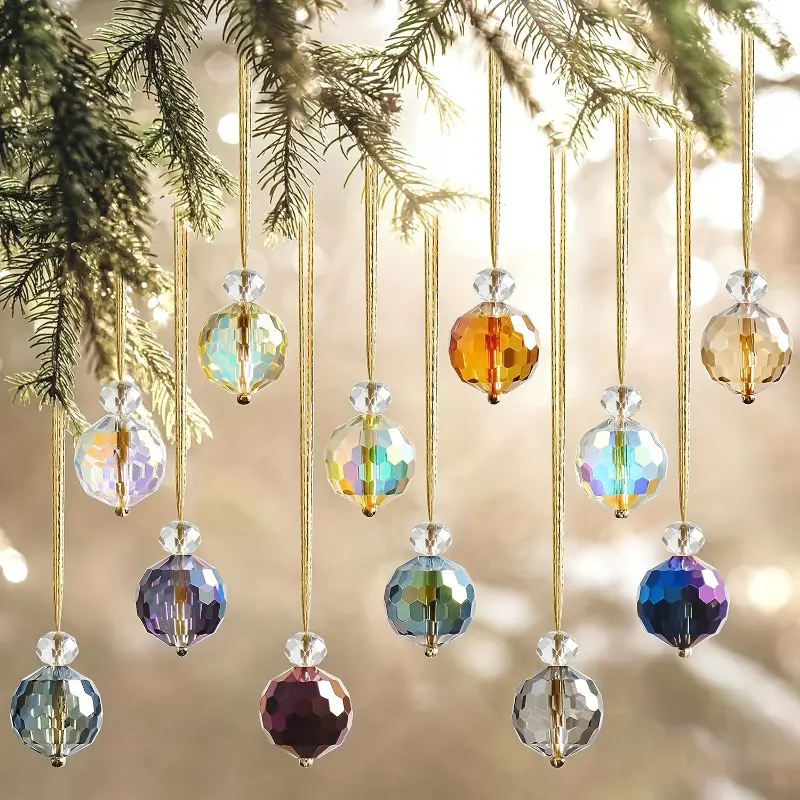 12pcs Colorful Christmas Ball Ornaments, Chandelier Crystal Prism, For Visor, Hanging Crystals For Christmas Tree, Wedding, Party Decoration, 0.87 Inch Glass Home Gifts Decorating B-12Pc
