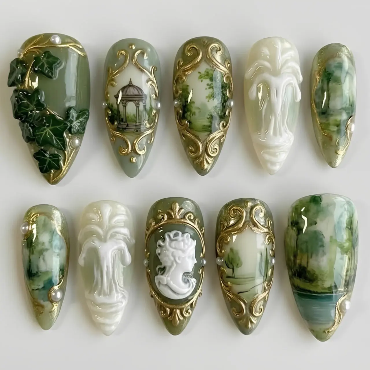 Vintage Forest Cameo Press On Nails | Handmade Sage Green Baroque Landscape 3D Relief Press On Nails | Luxury Reusable Fake Nail Set