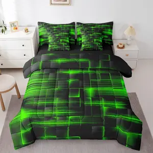 Feelyou 7-Piece Microfiber Bedding Set - Green and Black Geometric Stripes Comforter, Sheet Sets Included, Abstract Modern Bed-in-A-Bag