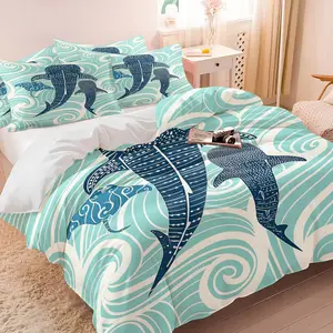 Ocean Tribe Whale Shark Duvet Cover Set, 1 Duvet & 1-2 Coreless Pillowcases, Mint Green Background, Deep Blue Whale Shark and Ray Patterns, Soft Comfort, Ocean Resort Style Bedroom Decor, Gift Choice