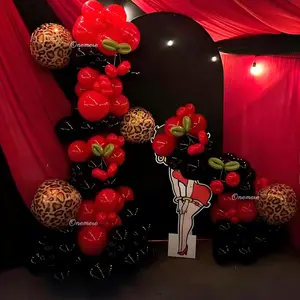 Red and Black Balloons Arch Kit 160pcs Cherry Birthday Decorations, 4pcs Foil Cheetah Print Balloons for Baby Shower, Bachelorette Party Decorations