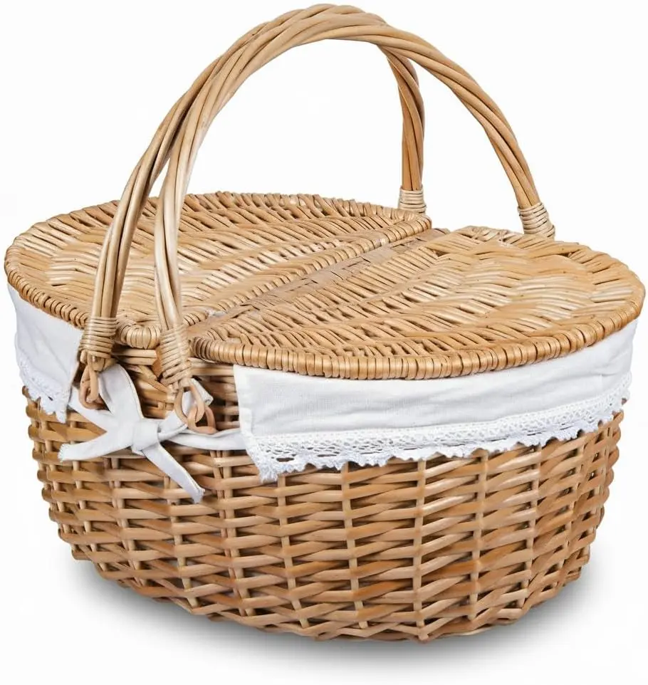 Natural Wicker Picnic Basket with Lid and Handle - Home Supplies, 15.4" by 11.4" by 7.1" Sturdy Woven Body, 100% Polyester Washable Liner, Water-Resistant for Easter, Mother's Day Gifting, 100% Polyester Liner, Resistance To Water