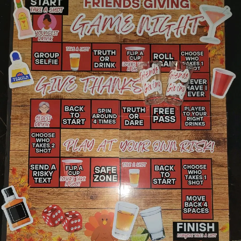 Friends Giving Game Night Board Game with Truth or Drink, Roll a Cup, and Free Pass Features for Fun Game Night