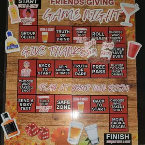 Friends Giving Game Night Board Game with Truth or Drink, Roll a Cup, and Free Pass Features for Fun Game Night