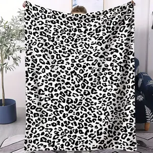 Classic Black & White Leopard Print Flannel Blanket, Timeless Animal Pattern Throw Blanket, Soft Cozy Warm Blanket, Chic Modern Home Decor Gift Blanket for Couch, Bed & Travel