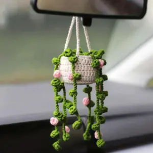 Crochet Car Hanging Plant Pot, Cute Car Rearview Mirror Hanging Ornament, Car Interior Decoration Accessories Car Interior Decorative for Women & Girls
