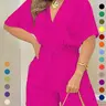 Women's Plain Drawstring Shirred Waist V Neck Romper, Casual Half Sleeve Zipper Back High Waist Romper for Summer, Fashion Women's Clothing for Daily Wear, Casual Rompers