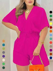 women's plain drawstring shirred waist v neck romper, comfort casual half sleeve zipper back high waist romper for summer, fashion women's clothing for daily wear, womenswear