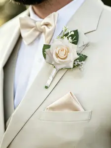 6pcs/Set Rose Boutonniere for Men With Baby's Breath, Realistic Silk Flower Lapel Pin, Flower Brooch Pin For Groom, Groomsmen, Weddings, Prom, Anniversary, Homecoming And Rustic Fall Occasions