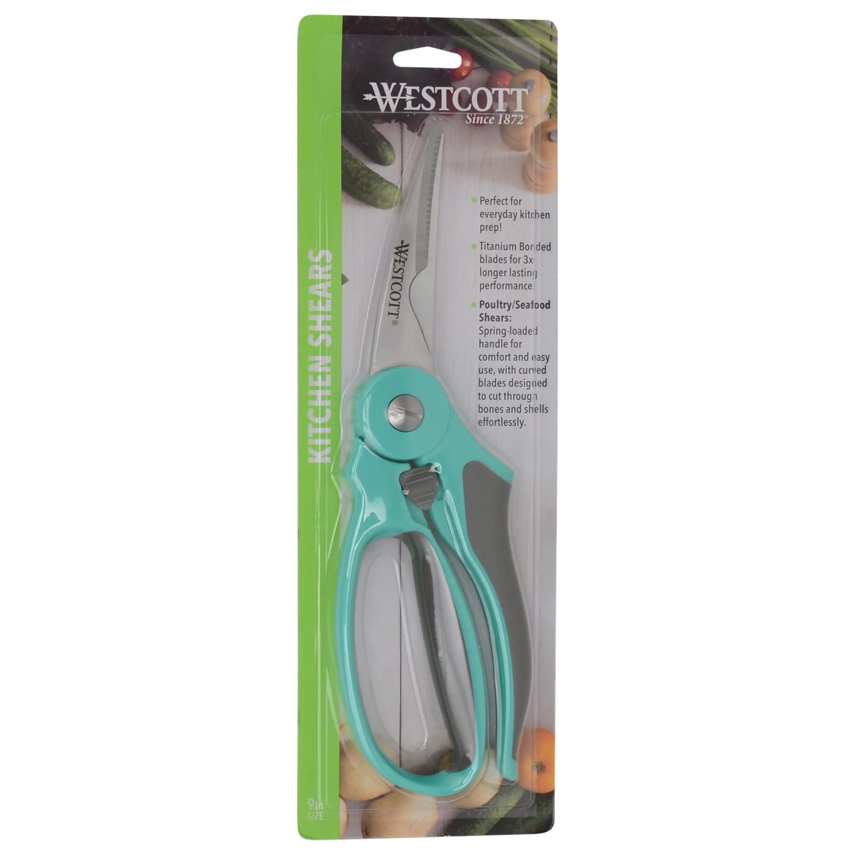 Westcott 9" Titanium Bonded Soft Handle Spring Assist Kitchen Shears, Teal (00828)
