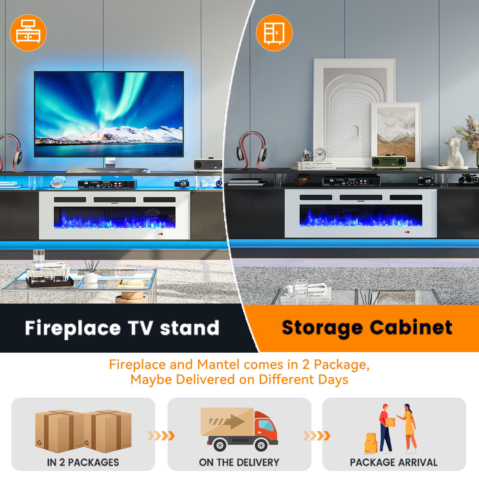 Aoxun 70" Fireplace TV Stand Modern Entertainment Center for TVs Up to 80" with Storage Cabinets Media Console for Living Room Black TV Stand and White Fireplace