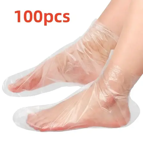 100-Pack Clear Plastic Foot Covers, Disposable Shoe Covers, Unscented PE Moisturizing Socks for Foot Care and Spa Protection, Anti-Infection Pedicure Tools