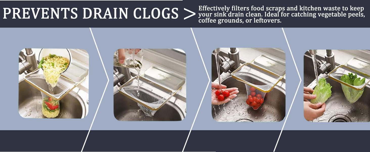 White Foldable Kitchen Sink Filter Basket, Rotatable Drain Strainer with 100 Disposable Mesh Bags, Food Catcher Gadget