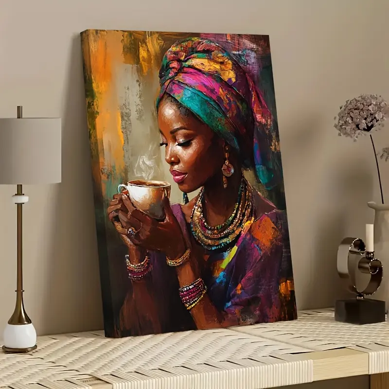 1 Piece African Woman Drinking Coffee Wall Art - Vibrant Traditional Clothing and Jewelry, Thick Wooden Frame Canvas Print, Vertical Cultural Decoration Suitable for Living Room, Bedroom, Office - Hangable Home Decoration Gift, African Style Home Decorati