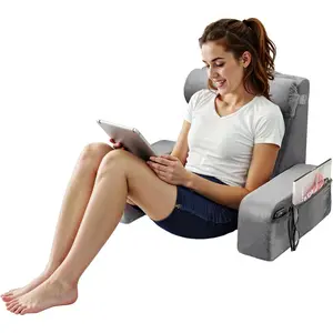 VEVOR Reading Pillow, Backrest Support Pillow with Arm and 3 Pockets, Large Size Bed Pillow with Removable Headrest & 25D Sponge, Handle for Easy Carrying, for Reading, Gaming, Resting, Working, Grey