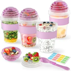 4 Pack 20oz Reusable Yogurt Parfait Cups with Lids & Spoon, Plastic Overnight Oats Containers To Go with Granola Compartment for Oatmeal Cereal Snack Breakfast Prep, Purple