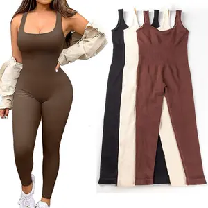 Women's Ribbed Sleeveless Slimming Bodycon Solid Color Jumpsuit, Sporty Comfy Stretchable Activewear, Workout Apparel for Gym & Workout - Womenswear Overalls