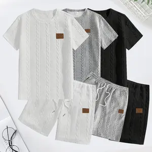 Men’s Summer Casual Sports Set 2-Piece — Two-piece set featuring a jacquard textured fabric, breathable crewneck T-shirt & shorts; formal tropical men’s top, menswear clothing