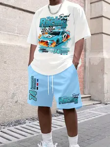 2-Piece Men's 3D Printed Summer Tropical Clothing Set, Printed Pattern, Short Sleeve Crew Neck T-Shirt and Elastic Waist Shorts with Pockets, Outdoor Sports Fitness