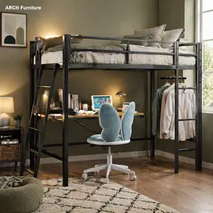 Black Modern Industrial ARCH Twin Size Metal Loft Bedroom Bedframe with L-Shaped Desk, Charging Station, Safety Guards, Ladder, Dorm Bed Cubbies, Heavy-Duty Screws, 400 lbs Max Capacity, No Box Spring Needed