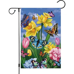 Spring Narcissus Garden Flag 12x18 Double-sided, Burlap Butterfly Flowers Welcome Courtyard Outdoor Summer Decoration