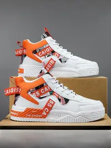 Unisex White & Orange Color-block High-top Athletic Sneakers with Platform Height Boost, Webbing Strap Design, Non-slip Wear-resistant Sole for Daily Commute and Street Style, Sports Shoes