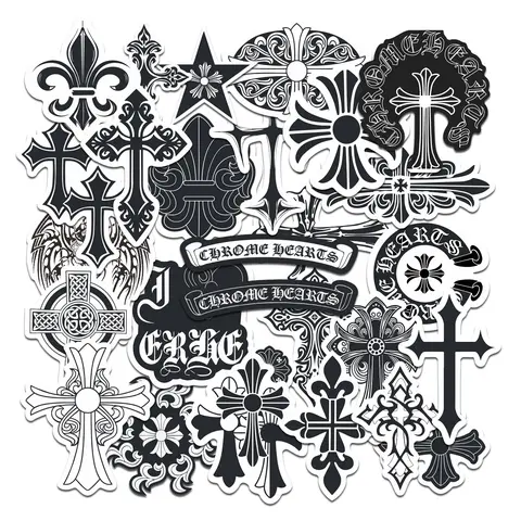 28pcs Chrome Hearts Gothic Cross Stickers Pack, Waterproof Black & White Streetwear Decals for Laptop, Water Bottle, Skateboard & Luggage, Street Fashion Fan Gift, Sticker Packs