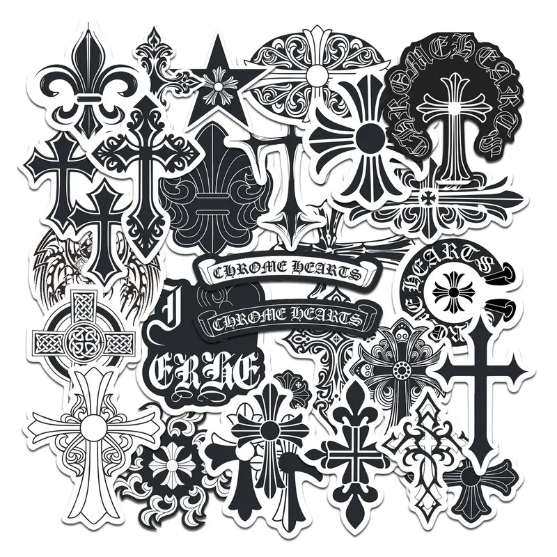 28pcs Chrome Hearts Gothic Cross Stickers Pack, Waterproof Black & White Streetwear Decals for Laptop, Water Bottle, Skateboard & Luggage, Street Fashion Fan Gift, Sticker Packs